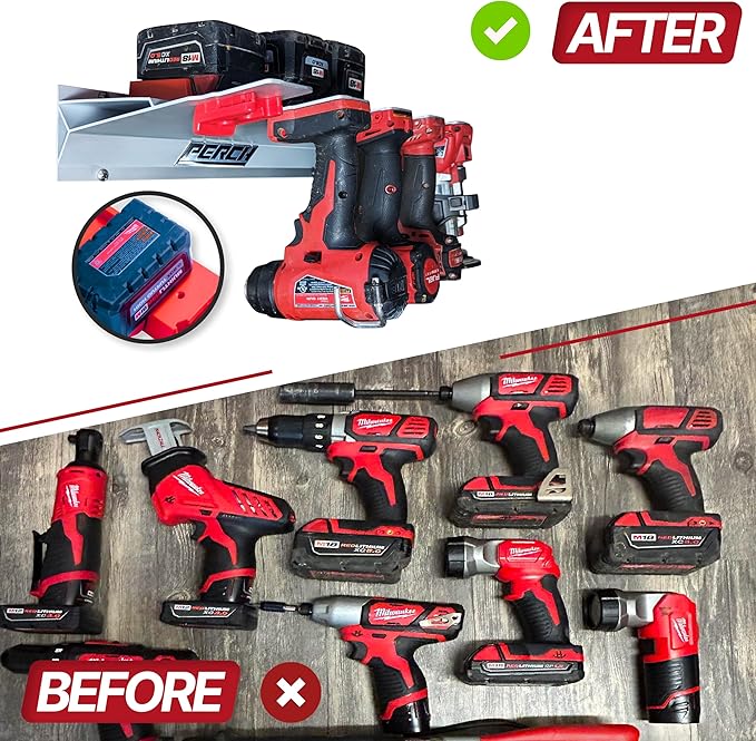 PERCH 4 Pack Milwaukee Tool Holder with 4 Pack Milwaukee Battery Holder for Milwaukee 18v Tools and Milwaukee 18v Battery