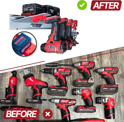 PERCH 4 Pack Milwaukee Tool Holder with 4 Pack Milwaukee Battery Holder for Milwaukee 18v Tools and Milwaukee 18v Battery