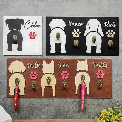 Personalized Dog Leash Holder Wall Mount, Custom Dog Butt Harness Wall Hanger Organizer with Name, Hooks for Leashes, Collars, Keys, Funny Leash Rack for Entryway, Gift for Pet Lovers, Home Décor