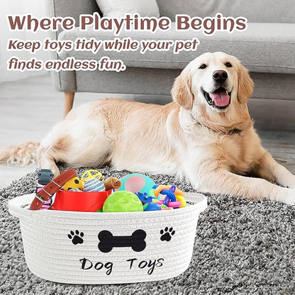 Small Woven Dog Gifts Basket for Storage Empty Dog Toy Bins Organizer with Ribbons and Bags Durable Cute Pet Gifts 12"X 8" X 5" Small Rope Basket for Gifting