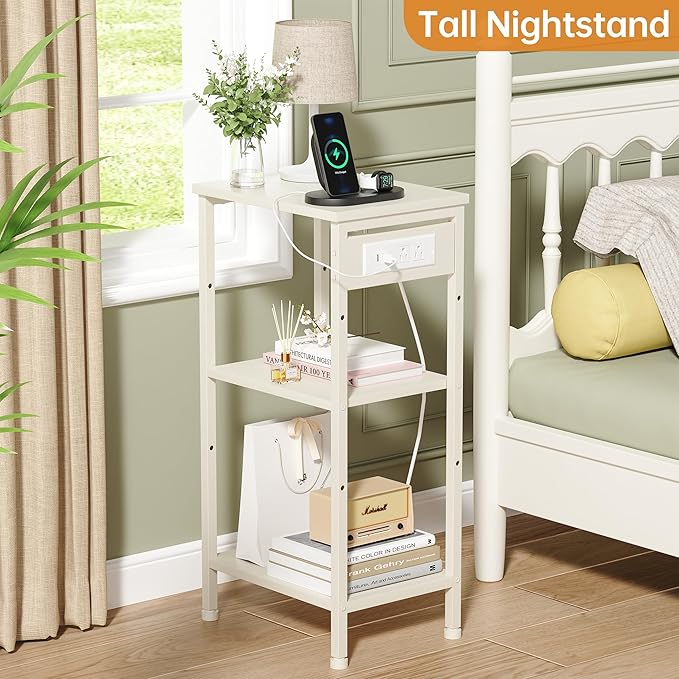 Tall End Table with Charging Station, 3 Tier Narrow Tall Nightstand with Storage, Slim Side Table for Bedroom, Living Room, Nursery, Office, Cream White