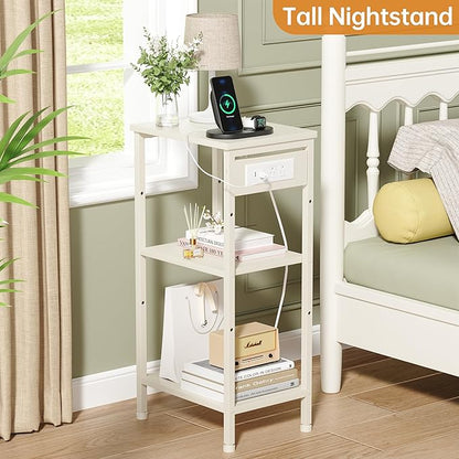 Tall End Table with Charging Station, 3 Tier Narrow Tall Nightstand with Storage, Slim Side Table for Bedroom, Living Room, Nursery, Office, Cream White