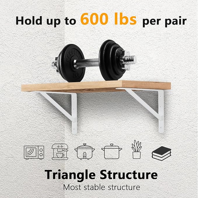 Heavy Duty Shelf Brackets 12 x 8 inches, Metal Shelves Supports, Load Capacity: 600 lb, 90 Degree Wall Mounted Angle L Floating Shelf Bracket with Screws,White 6 Pack HOME MASTER HARDWARE