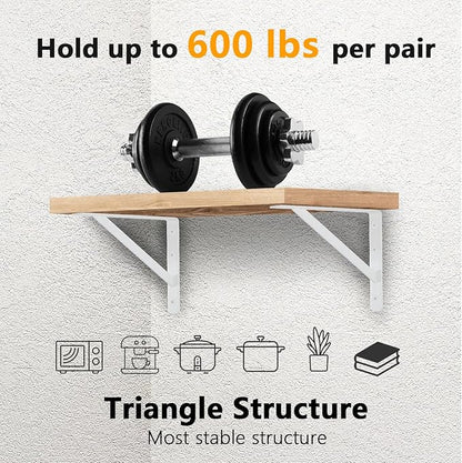 Heavy Duty Shelf Brackets 12 x 8 inches, Metal Shelves Supports, Load Capacity: 600 lb, 90 Degree Wall Mounted Angle L Floating Shelf Bracket with Screws,White 6 Pack HOME MASTER HARDWARE