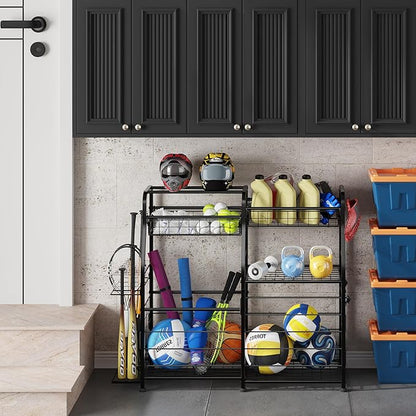 Garage Sports Equipment Organizer with Wheels - Ball Storage Rack with Elastic Rope or Wire Mesh,Garage Organizer System,Indoor/Outdoor Sports Rack for Sports Gear and Toys Storage,Black