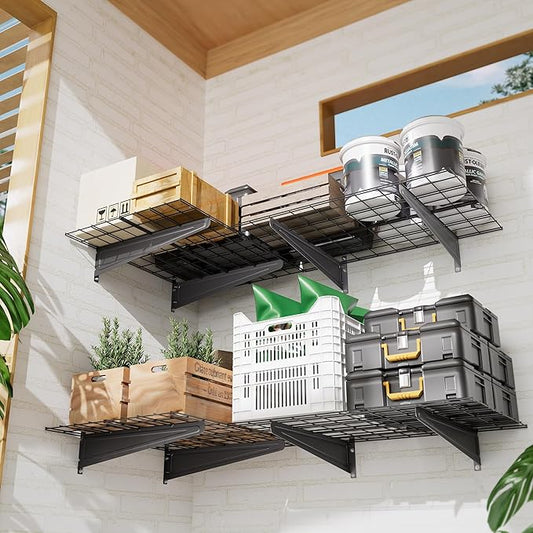 2-Pack 2x6ft Garage Wall Shelving, 24"x72" Shelf Storage Rack Floating Shelves Wall Mounted, Heavy Duty Storage Shelves, 800lbs Load Capacity, with 16 Hooks for Garage Organization, Black