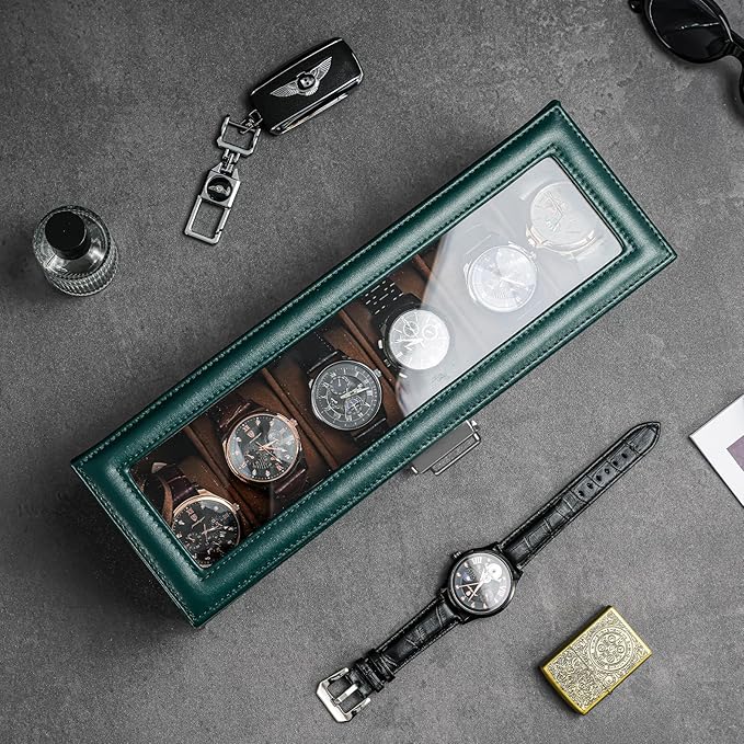 ProCase Watch Box, 6 Slot Watches Display Case with Drawer, Mens Watch Case with Glass Lid, 2-Layer Mens Jewelry Organizer Storage Holder, Birthday Valentine Gifts for Men -6 Slot, MidnightGreen