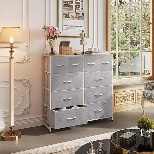 WLIVE Fabric Dresser for Bedroom, Dresser Organizer with 10 Drawers, Storage Tower with Fabric Bins, Double Dressers, Chest of Drawers for Closet, Living Room, Hallway, Light Grey
