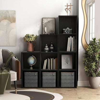 Homes: Inside + Out Apexa 3-Cube Storage Organizer Shelves, Stackable Wood Bookcase Fits Cubby Bins for Organization, Dorm Teen Room Decor & Home Office, Black