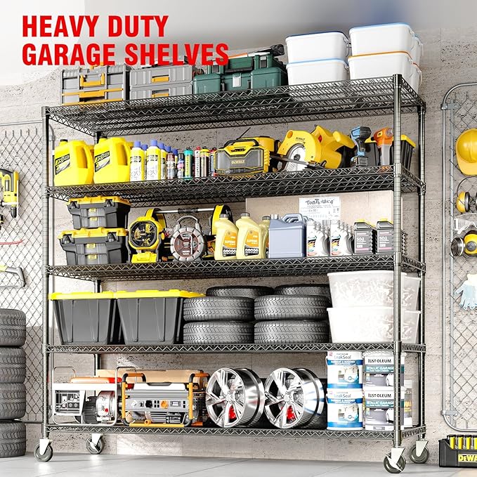5-Tier Metal Storage Shelving Unit, 3300 Lbs Load Capacity Heavy-Duty Shelf Organizer, Adjustable Wire Rack Shelves for Garage, Pantry & Kitchen, 82.6" h x 59" w x 23.6" d