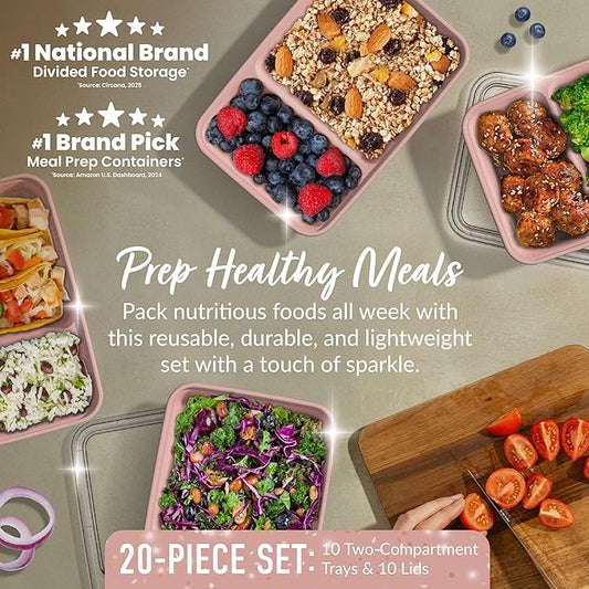 Bentgo Prep - 20-Piece 2-Compartment Reusable Meal Prep Containers with Lids, PFAS & BPA Free Materials, Durable, Microwave, Freezer, & Dishwasher Safe To Go Food Storage (Sweet Pea Glitter)
