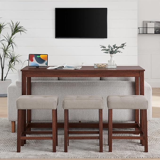 59" Power Outlet Mid Century Console Table, Slim Console Table with Solid Wood Frame, Long Narrow Console Tables for Living Room & Kitchen, Cherry