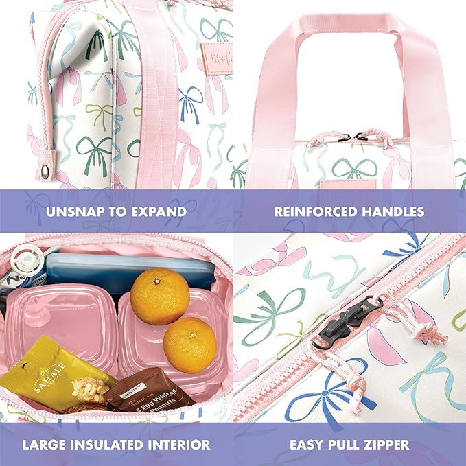 Fit & Fresh Neoprene Lunch Bag For Women, Insulated Womens Lunch Bag For Work, Tear & Stain Resistant Large Lunch Box For Women With Containers and Ice, Machine Washable Remi Bag, Dainty Bows