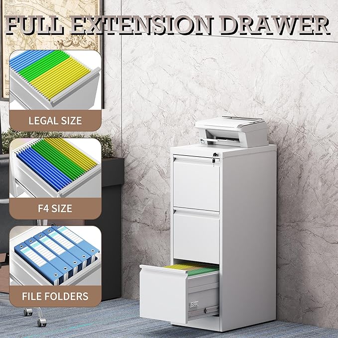 3 Drawer Vertical File Cabinet with Lock, Metal Filing Cabinets for Home Office, Heavy Duty File Storage Cabinet for Legal/Letter/A4 Documents, Easy to Assemble, White