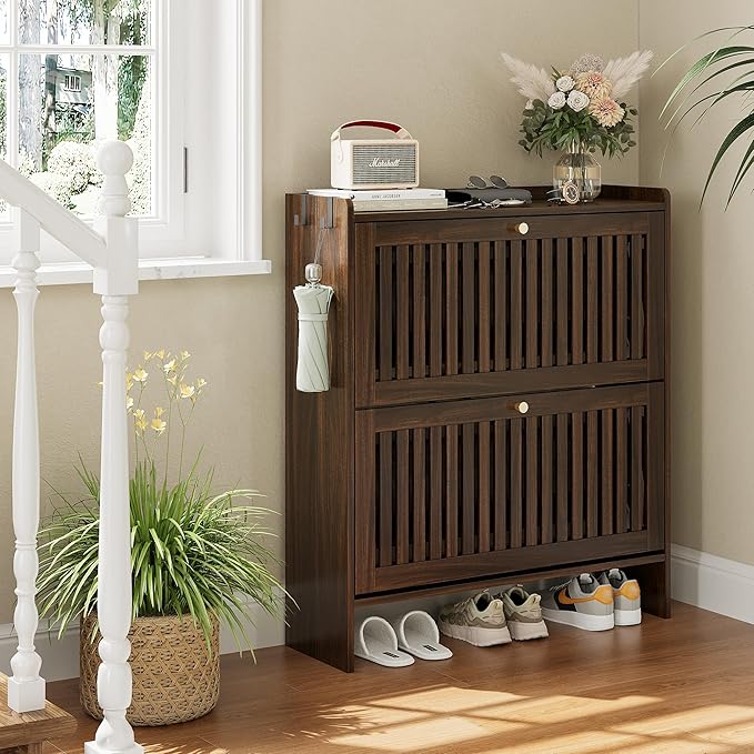 wanan 31.5" Shoe Cabinet with 2 Flip Slatted Drawers, Adjustable & Removable Panels, Narrow Shoe Cabinet Storage for Entryway, Hallway, Shoe Rack Organizer Cabinet, Walnut