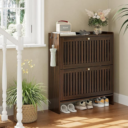 wanan 31.5" Shoe Cabinet with 2 Flip Slatted Drawers, Adjustable & Removable Panels, Narrow Shoe Cabinet Storage for Entryway, Hallway, Shoe Rack Organizer Cabinet, Walnut