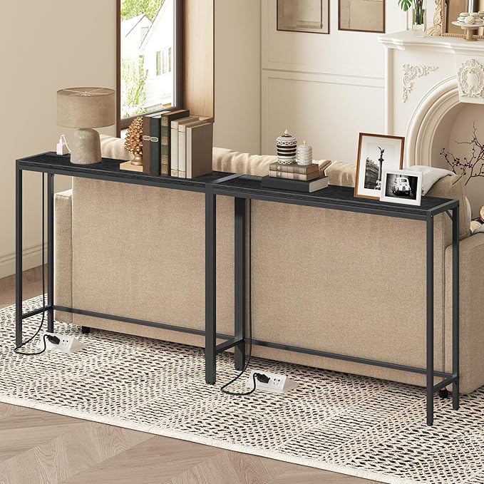 Console Table, 2 Pack Narrow Sofa Table, 43.3” Entrance Table with Power Station, Behind Couch Table, for Living Room, Hallway, Entryway, Foyer, Black CTBK112E01S2