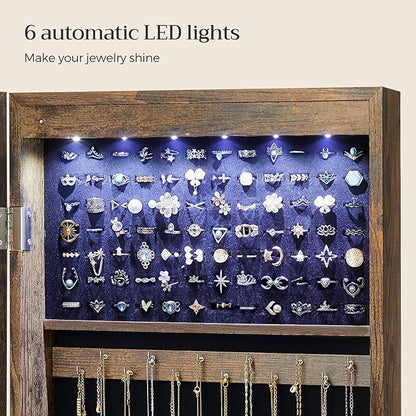 SONGMICS 6 LEDs Mirror Jewelry Cabinet, 47.2-Inch Tall Lockable Wall or Door Mounted Jewelry Armoire Organizer with Mirror, 2 Drawers, 3.9 x 14.6 x 47.2 Inches, Rustic Brown UJJC93CB