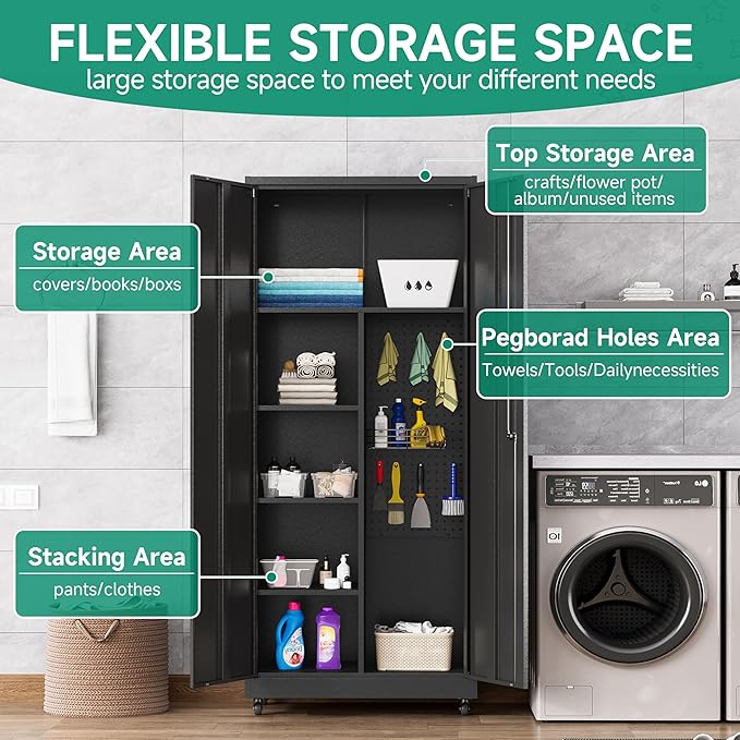Metal Garage Storage Cabinet with Wheels, Locking Doors and Adjustable Shelves - Tall Black Cabinet for Office, Home, Garage, Shop