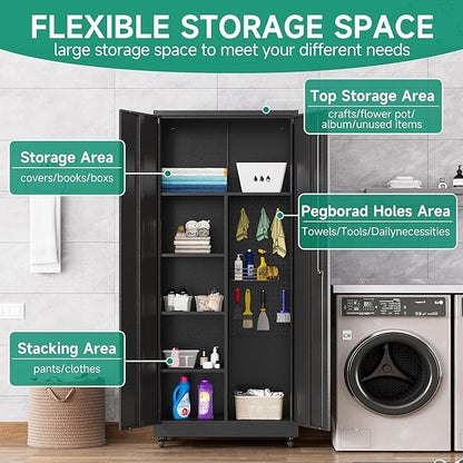 Metal Garage Storage Cabinet with Wheels, Locking Doors and Adjustable Shelves - Tall Black Cabinet for Office, Home, Garage, Shop