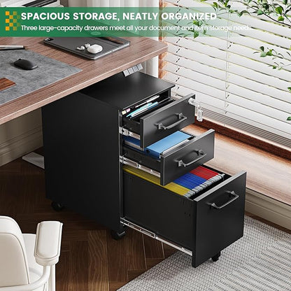 3 Drawer Slim File Cabinet, Mobile Filing Cabinet with Lock,Black Rolling Narrow File Cabinets with Casters, Under Desk Office Cabinets for Home Office,Fit A4/Letter/Legal(Unassembled)