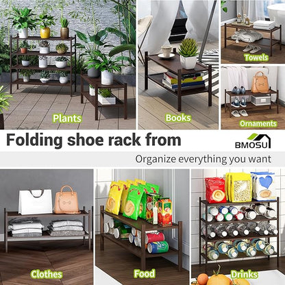 BMOSU 2-Tier Bamboo Shoe Rack Premium Stackable Shoe Shelf Storage Organizer for Hallway Closet Living Room Entryway Organizer(Brown)