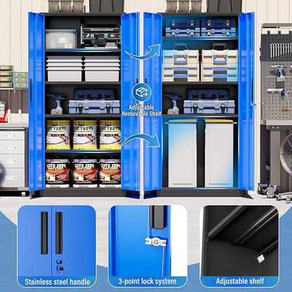 Greenvelly Metal Storage Cabinet with Doors and Shelves, 72" Inch Locking Metal Cabinet,Garage Storage Cabinet for Garage Office School Warehouse (Black Blue)