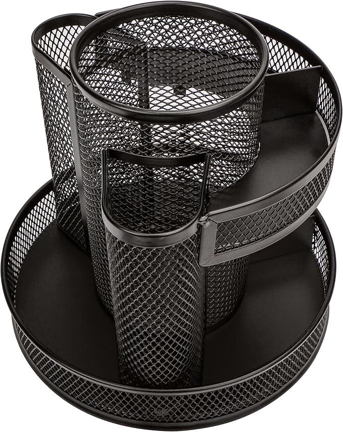 Annova Mesh Desk Organizer Rotate with 5 Compartments Round Spinning Tidy Candy/Pen Holder Desk Accessories Office, Art Supply, Storage, Classroom, Home (Black)