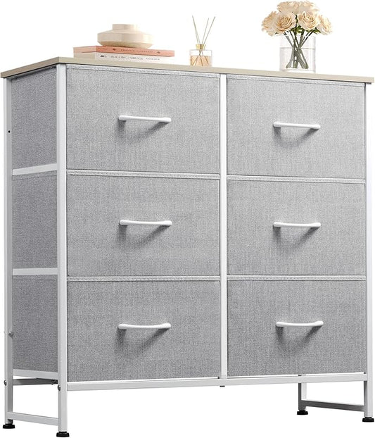 WLIVE Fabric Dresser for Bedroom, 6 Drawer Double Dresser, Closet Dresser with Fabric Bins, Chest of Drawers for Closet, Living Room, Hallway, Light Grey