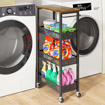 Slim Storage Cart 4 Tier Fruit and Vegetable Baskets for Kitchen Small Space, Narrow Laundry Cart on Wheels with Wooden Top and Metal Handle for Pantry, Bathroom, Laundry Room