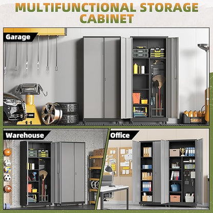 Metal Garage Storage Cabinet with Wheels, Locking Broom Closet Storage Cabinet with Adjustable Shelves, 71" H Tool Cabinet for Utility Room, Workshop, Warehouse