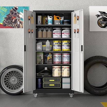 SUXXAN Garage Storage Cabinet with Pegboard and 5 Adjustable Shelves, 71'' x 34'' x 18''Metal Lockable Cabinet with Magnetic Doors,Tool Storage,Home Office Garage,Gym,School (Black-Silver)