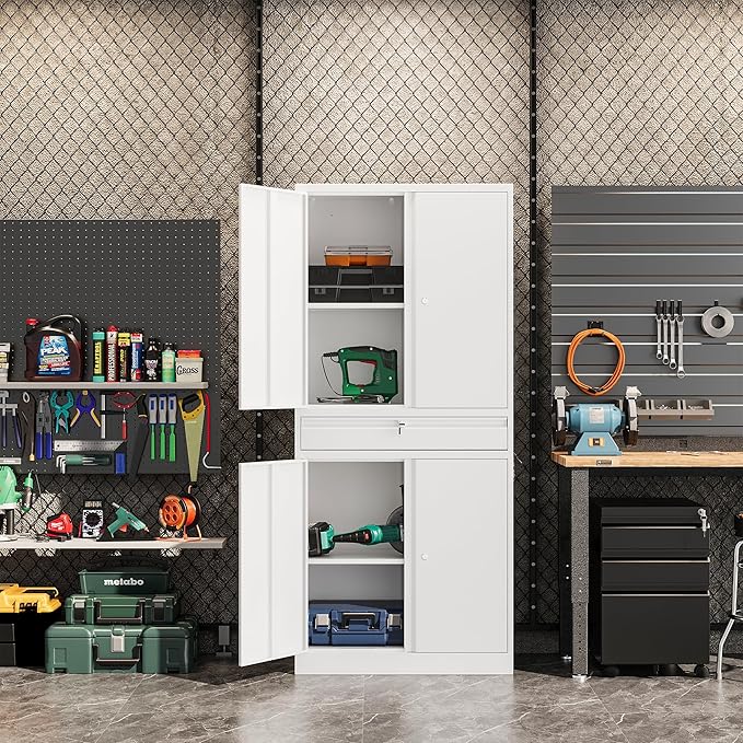 Metal Garage Storage Cabinet, 71" Lockable Storage Cabinet with 2 Adjustable Shelves and 1 Drawer for Garage, Utility Room, Warehouse (White)