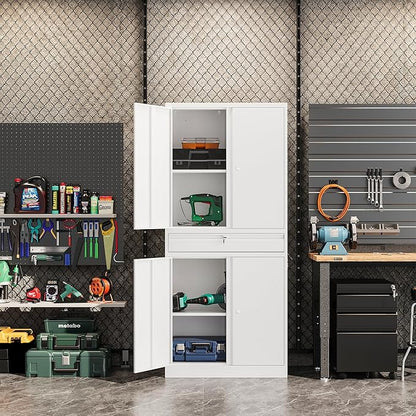 Metal Garage Storage Cabinet, 71" Lockable Storage Cabinet with 2 Adjustable Shelves and 1 Drawer for Garage, Utility Room, Warehouse (White)