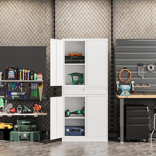 Metal Garage Storage Cabinet, 71" Lockable Storage Cabinet with 2 Adjustable Shelves and 1 Drawer for Garage, Utility Room, Warehouse (White)