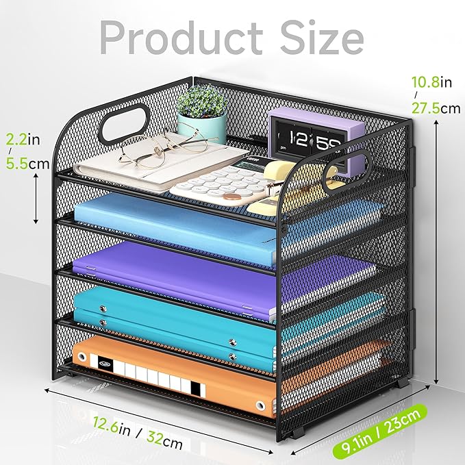 2 Pack 5 Tier Paper Organizer, Letter Tray with Handle, Mesh Desk Organizer, Metal File Organizer, Office Desk Accessories for Home, Office, Classroom, School -Black