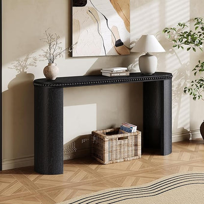 Vintage Console Table with Beaded Trim and Reversible Curved Legs, Natural Wood Veneer Finish Entryway Accent Table, Long Sofa Table Behind Couch for Hallway, Living Room (Black-J58)