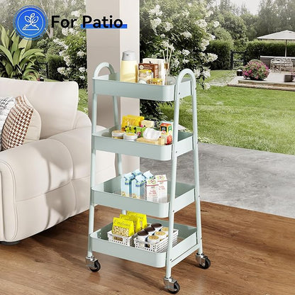 OLIXIS 4 Tier Utility Rolling Cart, Metal Mobile Storage Shelf with Lockable Caster Wheels, Organization for Livingroom, Bathroom, Kitchen, & Narrow Places, 4-Tier Green