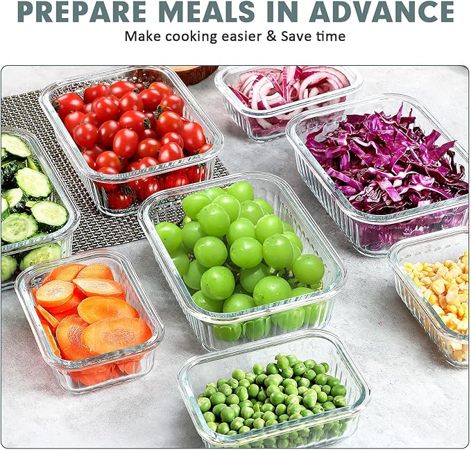 KOMUEE 10 Packs Glass Meal Prep Containers with Lids, Glass Food Storage Containers Set, Airtight Lunch Containers, Microwave, Oven, Freezer and Dishwasher Safe, Green