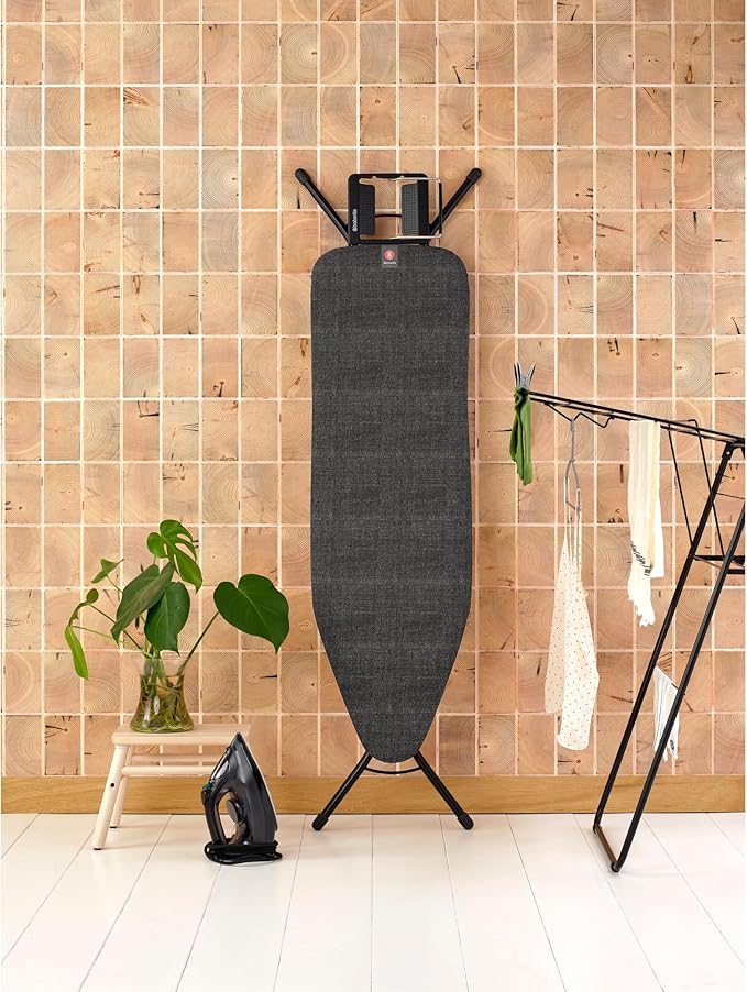 Brabantia Size B Ironing Board (49x15 in) 7 Height Options, Adjustable Steam Iron Rest Holder (Denim Black) Non-Slip Feet, Anti-Collapse Child Locks
