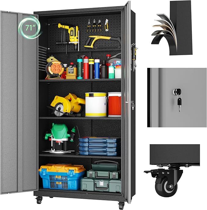 Metal Garage Storage Cabinet with Wheels,71" Tool Storage Cabinet with Adjustable Shelves,Lockable Storage Cabinets with Pegboards for Warehouse,Workshop,Garage,Basement,Utility Room(Black Grey）