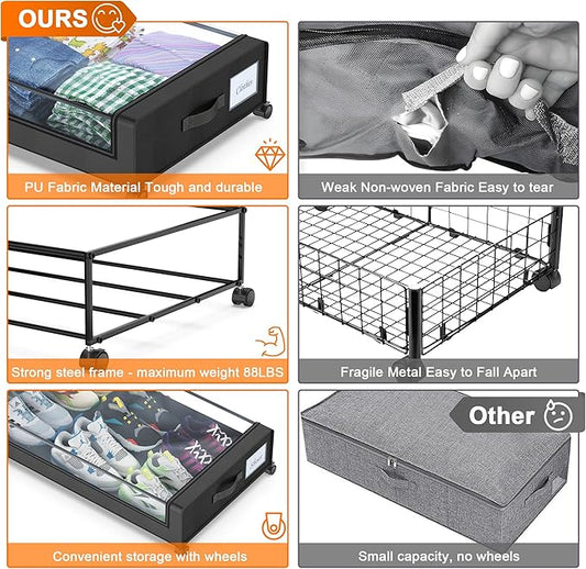 Under Bed Storage with Wheels, 2 Pack Under Bed Storage Containers with Dividers & Clear Lids, XXL 65L Under the bed storage Organizer Bins, Underbed Storage with Wheels for Clothes (Black, 2 Pack)