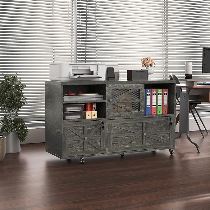 Semoic 2 Drawer Farmhouse File Cabinet with Lock, Mobile Lateral Filing Cabinet for Letter/Legal/A4 Size, Open Storage Adjustable Shelf for Home Office Cabinets, Gray