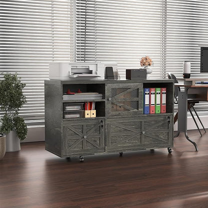 Semoic 2 Drawer Farmhouse File Cabinet with Lock, Mobile Lateral Filing Cabinet for Letter/Legal/A4 Size, Open Storage Adjustable Shelf for Home Office Cabinets, Gray