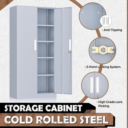 INTERGREAT Metal Storage Cabinet, 72” H Storage Cabinet with Doors and Adjustable Shelves for Office, Home, Garage, Pantry (Assembly Required, Cement Grey)