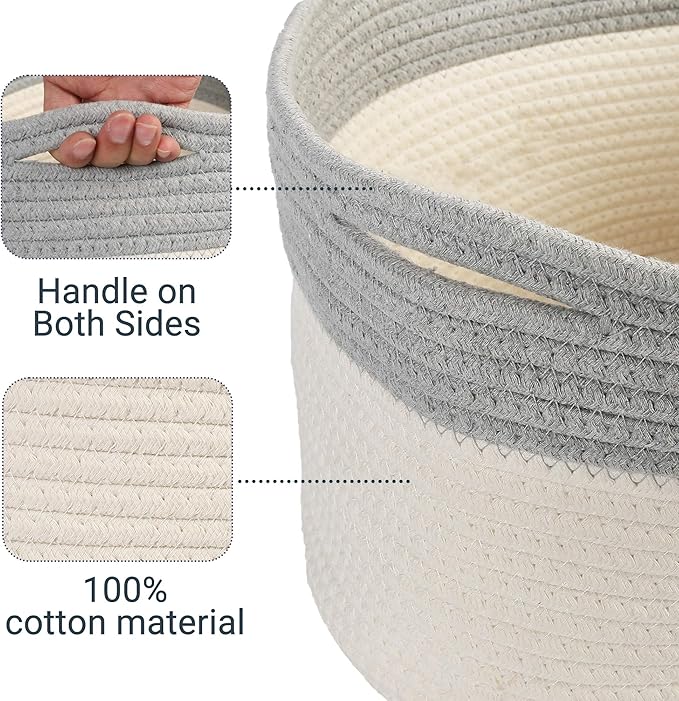 PrimePets Cat Toy Basket, Cotton Rope Storage Basket with Handles, Small Woven Pet Box Bin for Blankets, 15x10x9 inch Cat Holder Container, White and Grey