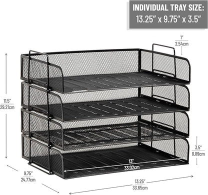 Mind Reader Stackable Paper Tray, Desktop Organizer, File Storage, Office, Metal Mesh, 4 Pcs., Black
