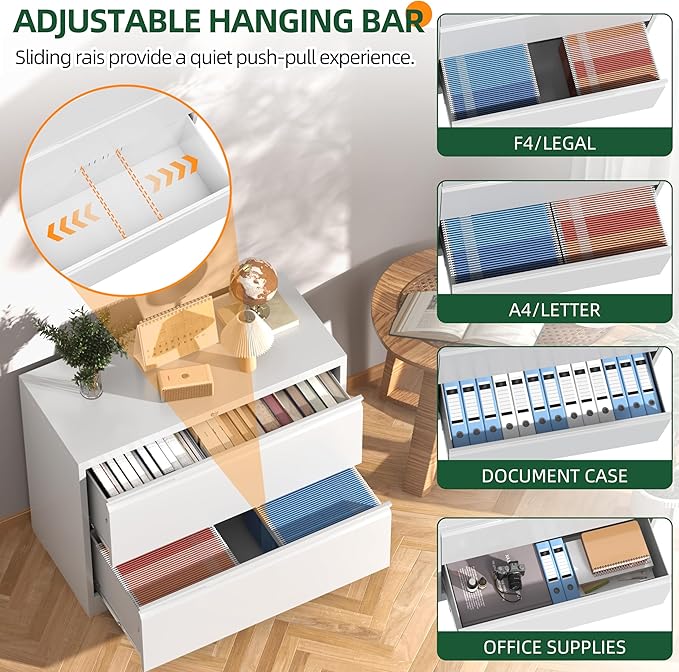 Lateral File Cabinet 2 Drawer, Metal File Cabinet with Lock, Wide Filing Cabinets for Home Office, White Locking Deep Drawer for Hanging Files Letter/Legal/A4/F4 Size, Printer Stand, Assembly Required