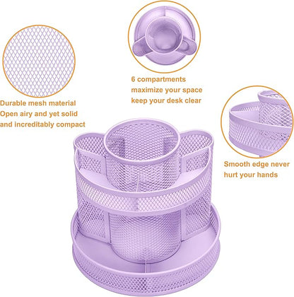 Annova Mesh Desk Organizer Rotate with 5 Compartments Round Spinning Tidy Candy/Pen Holder Desk Accessories Office, Art Supply, Storage, Classroom, Home (Light Purple)