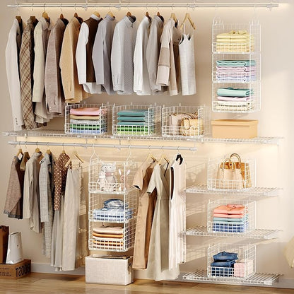 Sonyabecca 3-Tier Hanging Closet Organizer with 5 S Hooks, Closet Shelves for Clothes, Shoes, Handbags, Accessories, Hanging Basket, Closet Storage, Closet System, Closet Organizers and Storage